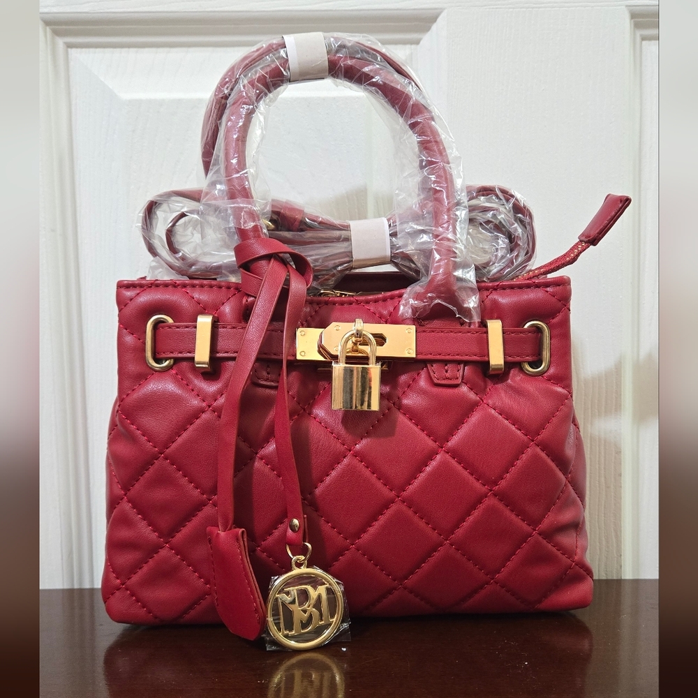 Badgley Mischka Red Quilted Tote with Gold Details